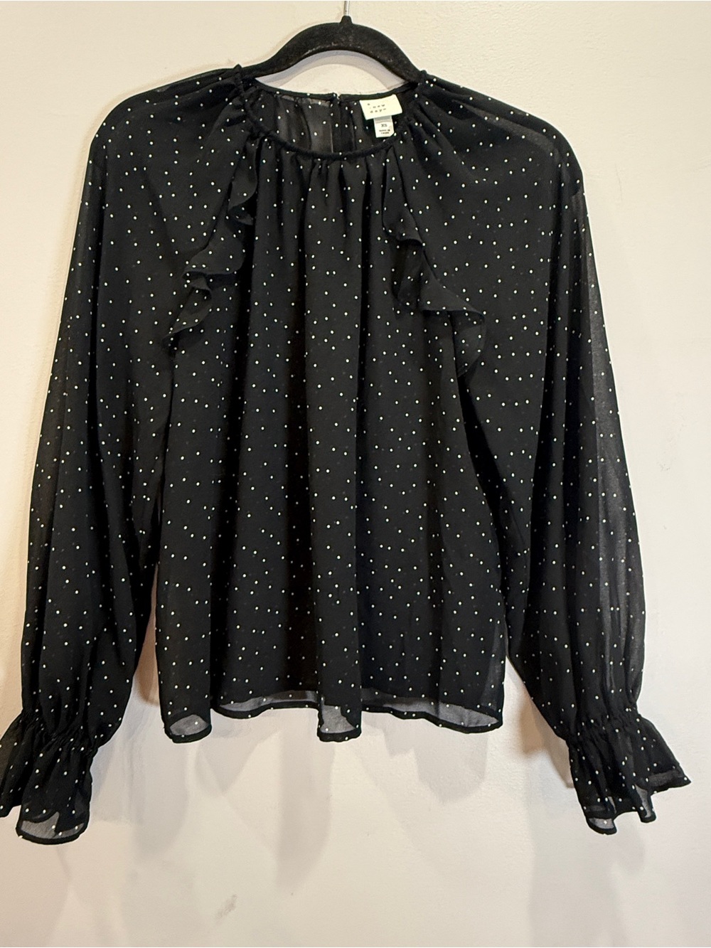 a new day Black Sheer Polka Dot Ruffle Blouse